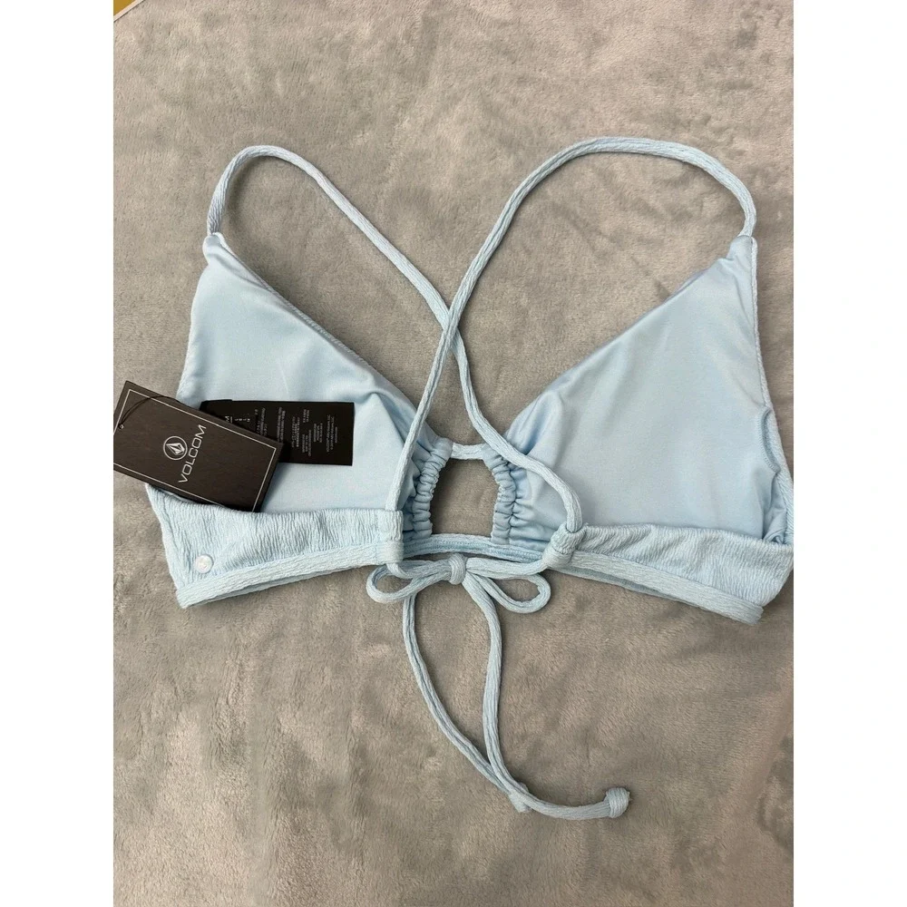 NWT Volcom Bikini Top Women Blue Pucker Up X Back Halter L $50